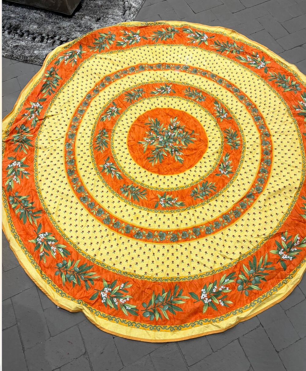 Poupées Yolande Round Tablecloth 100% Cotton Orange Yellow Olive Made France